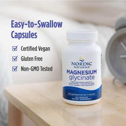 Nordic Naturals Vegetarian Magnesium Glycinate Capsules, Unflavored, 90 Count - 250mg Magnesium per Serving - Highly Bioavailable Support for Muscle & Cardiovascular - dailyvitalstore