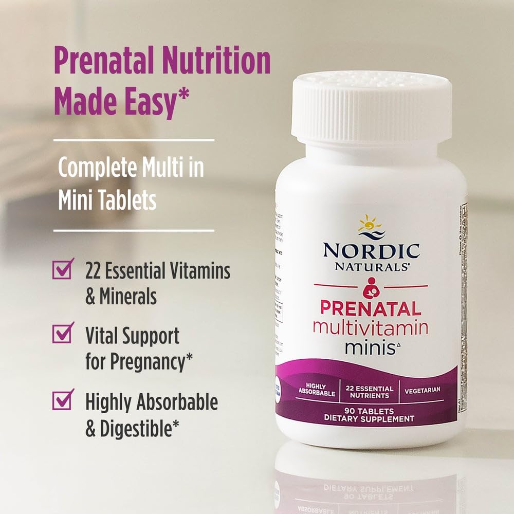 Nordic Naturals Vegetarian Prenatal Multivitamin Minis - 90 Easy to Swallow Tablets - Highly Absorbable Multivitamin and Mineral Supplement to Support Pregnancy - Non-GMO, 30 Servings - dailyvitalstore
