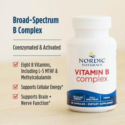 Nordic Naturals Vitamin B Complex - 45 Capsules Thiamine, Riboflavin, Niacin, B6 & B12, Folate, Biotin, Pantothenic Acid Heart Brain Health, Energy, Metabolism Non-GMO Servings - dailyvitalstore