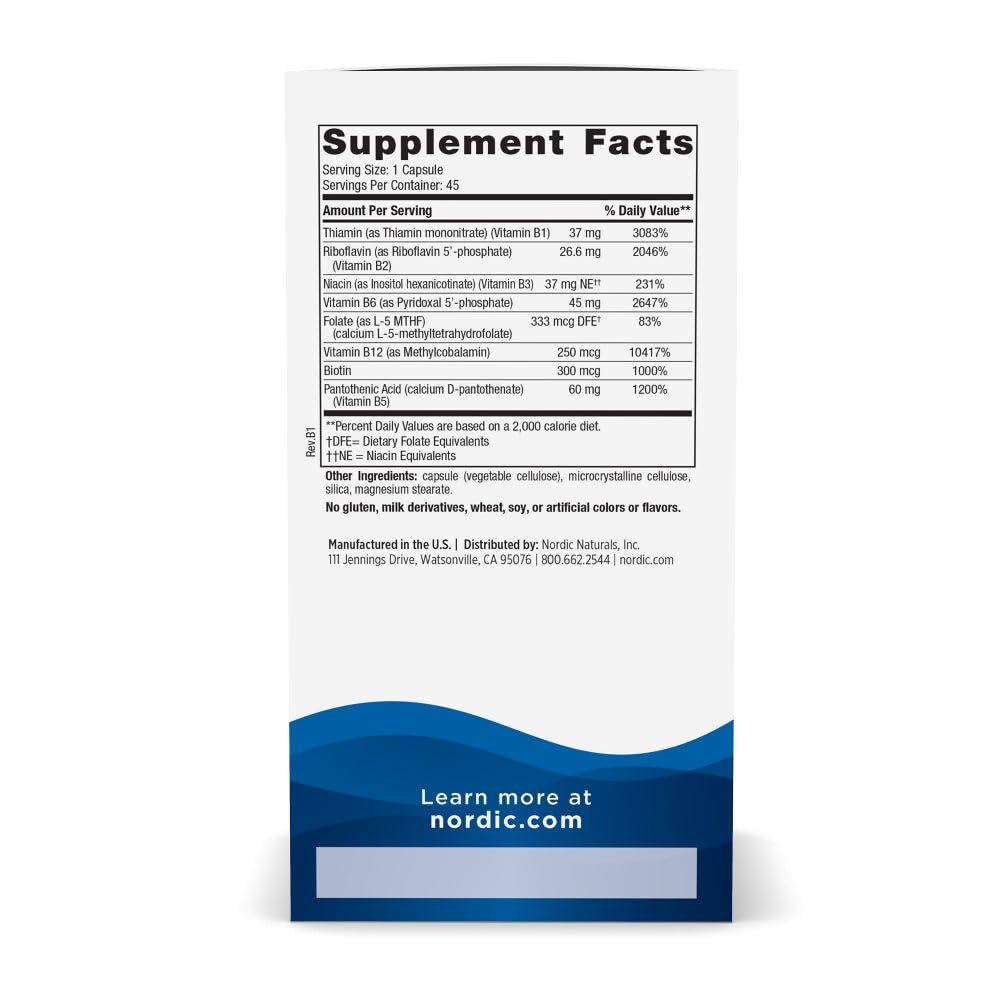 Nordic Naturals Vitamin B Complex - 45 Capsules Thiamine, Riboflavin, Niacin, B6 & B12, Folate, Biotin, Pantothenic Acid Heart Brain Health, Energy, Metabolism Non-GMO Servings - dailyvitalstore