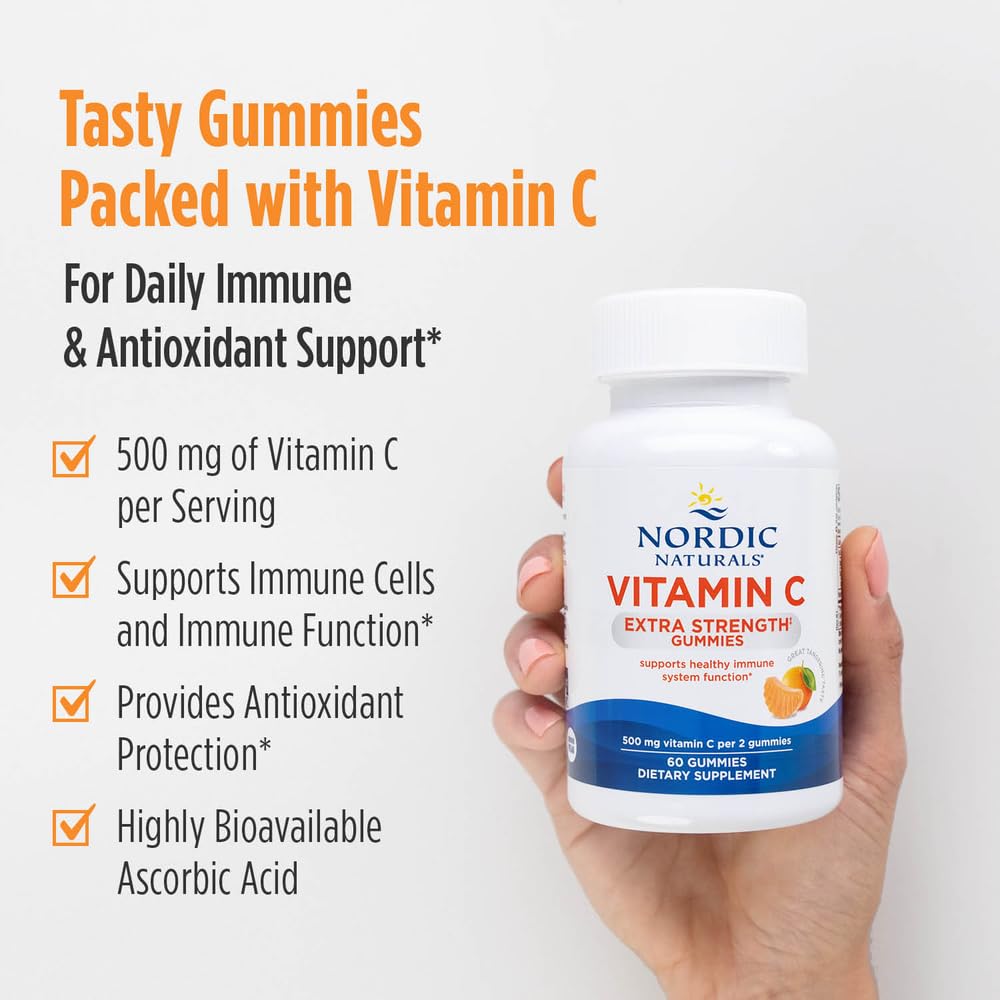 Nordic Naturals Vitamin C Extra Strength Gummies - Tangerine Flavor - 60 Gummies - 500 mg Vegan Vitamin C Supplement - Low-Sugar Immune - Support - 30 Servings - dailyvitalstore