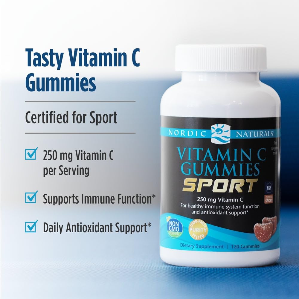Nordic Naturals Vitamin C Gummies Sport, Tart Tangerine - 120 Gummies - 250 mg Vitamin C - Antioxidant Protection - NSF Certified - Non-GMO, Vegan - 60 Servings - dailyvitalstore