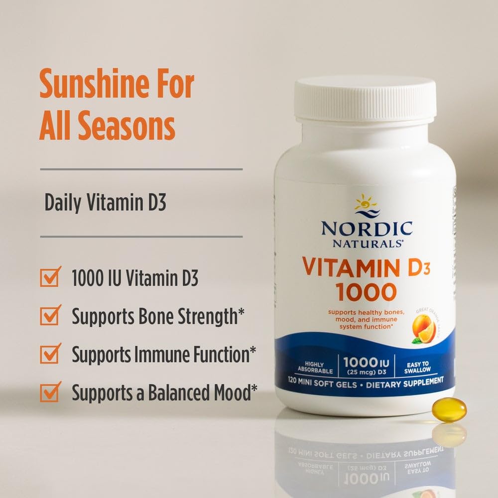 Nordic Naturals Vitamin D3 1000, Orange - 120 Mini Soft Gels - 1000 IU Vitamin D3 - Supports Healthy Bones, Mood & Immune System Function - Non-GMO - 120 Servings - dailyvitalstore