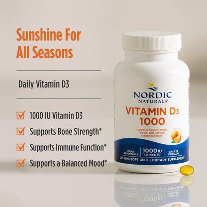 Nordic Naturals Vitamin D3 1000, Orange - 120 Mini Soft Gels - 1000 IU Vitamin D3 - Supports Healthy Bones, Mood & Immune System Function - Non-GMO - 120 Servings - dailyvitalstore