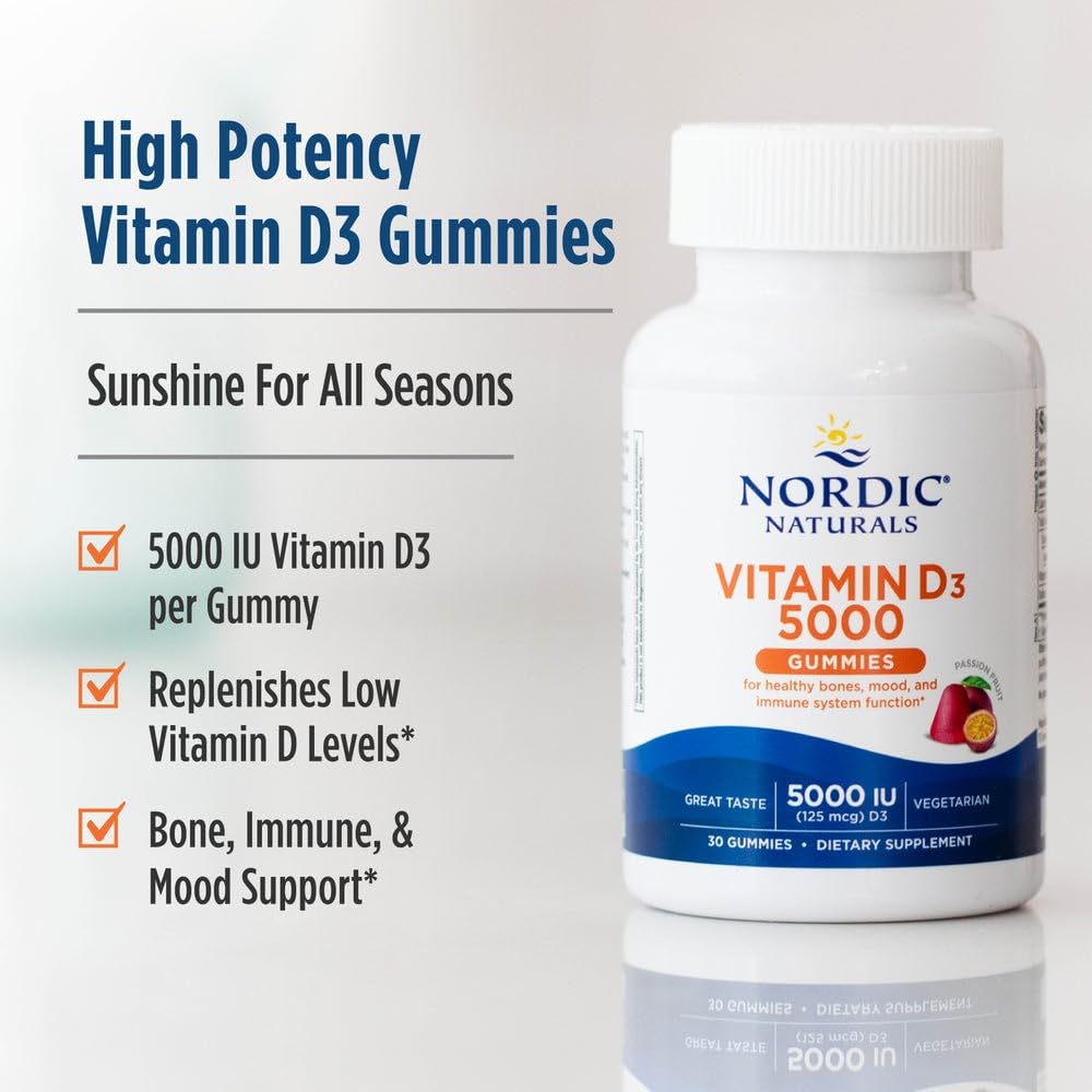 Nordic Naturals Vitamin D3 5000 Gummies, Passion Fruit - 30 Gummies - Support for Healthy Bones, Mood, & Immune System - Vegetarian - Non-GMO - 30 Servings - dailyvitalstore
