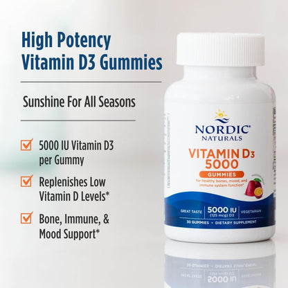 Nordic Naturals Vitamin D3 5000 Gummies, Passion Fruit - 30 Gummies - Support for Healthy Bones, Mood, & Immune System - Vegetarian - Non-GMO - 30 Servings - dailyvitalstore