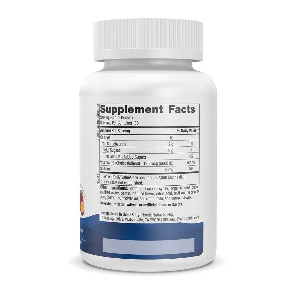 Nordic Naturals Vitamin D3 5000 Gummies, Passion Fruit - 30 Gummies - Support for Healthy Bones, Mood, & Immune System - Vegetarian - Non-GMO - 30 Servings - dailyvitalstore