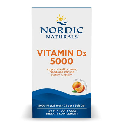 Nordic Naturals Vitamin D3 5000, Orange - 120 Mini Soft Gels - 5000 IU Vitamin D3 - Supports Healthy Bones, Mood & Immune System Function - Non-GMO - 120 Servings - dailyvitalstore