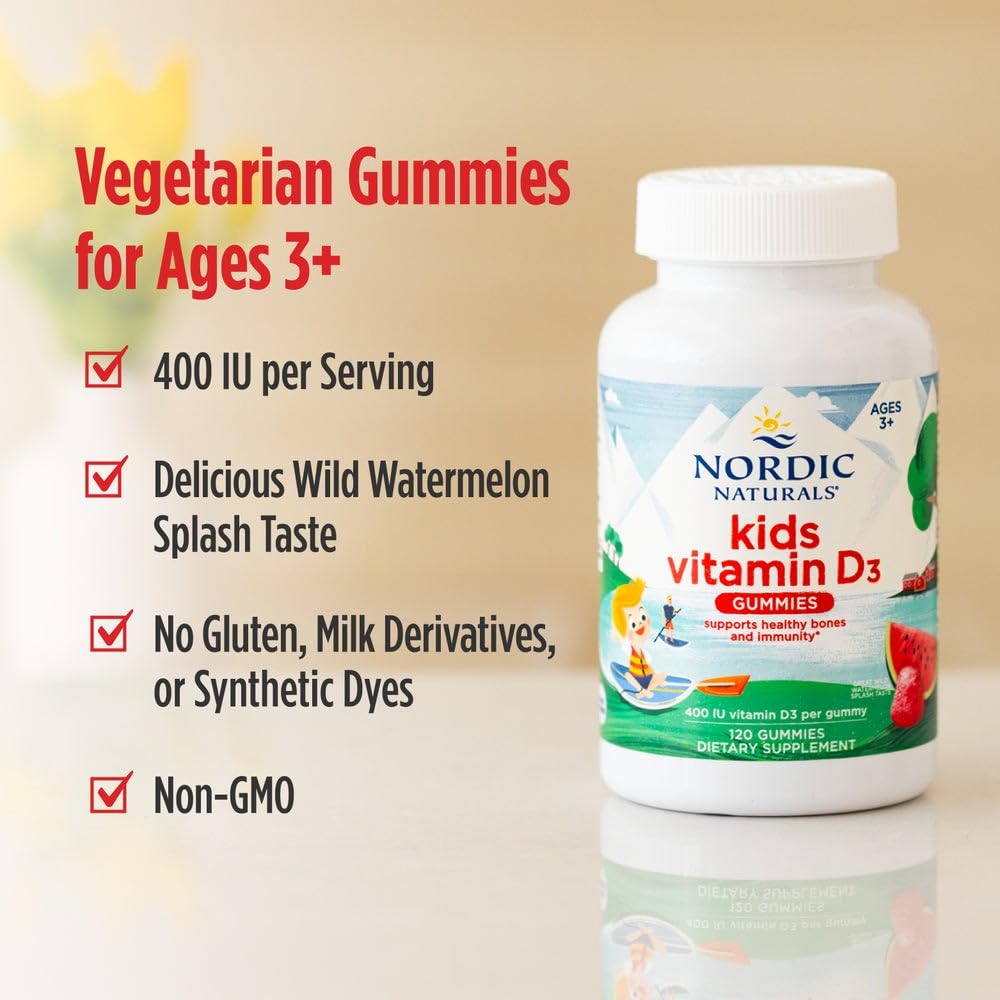 Nordic Naturals Vitamin D3 Gummies Kids, Wild Watermelon Splash - 120 Gummies - 400 IU Vitamin D3 - Bone Health, Healthy Immunity - Non-GMO, Vegetarian - 120 Servings - dailyvitalstore