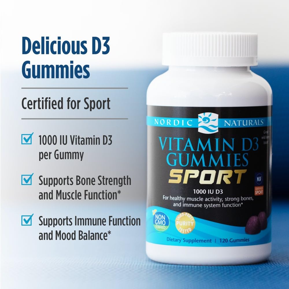 Nordic Naturals Vitamin D3 Gummies Sport, Wild Berry - 120 Gummies - 1000 IU Vitamin D3 - NSF Certified - Healthy Bones, Mood & Immune System Function - Non-GMO - 120 Servings - dailyvitalstore