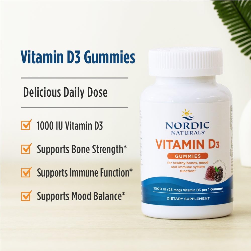 Nordic Naturals Vitamin D3 Gummies, Wild Berry - 120 Gummies - 1000 IU Vitamin D3, 1.4 mg Iron - Great Taste - Healthy Bones, Mood & Immune System Function - Non-GMO - 120 Servings - dailyvitalstore