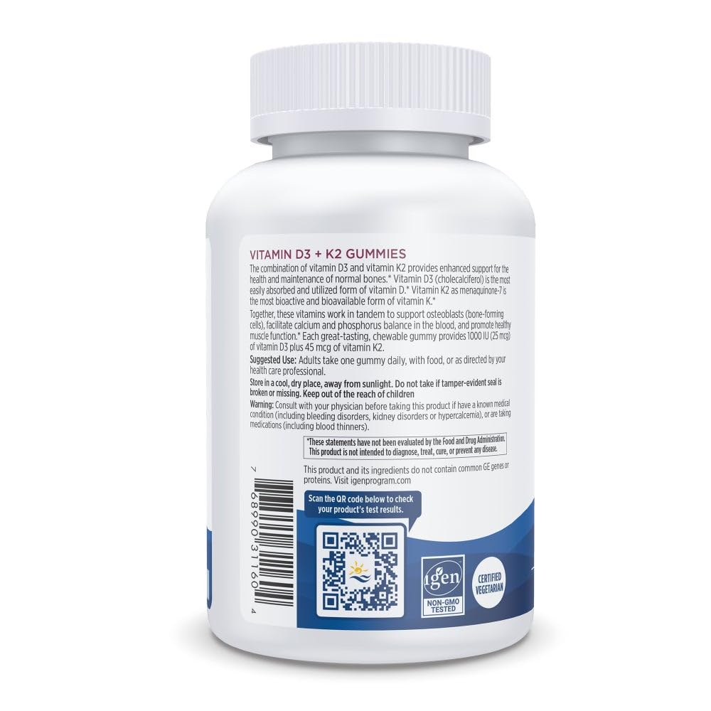 Nordic Naturals Vitamin D3 + K2 Gummies, Pomegranate - 60 Gummies - 1000 IU Vitamin D3 + 45 mcg K2 - Great Taste - Bone Health, Promotes Healthy Muscle Function - Non-GMO - 60 Servings - dailyvitalstore