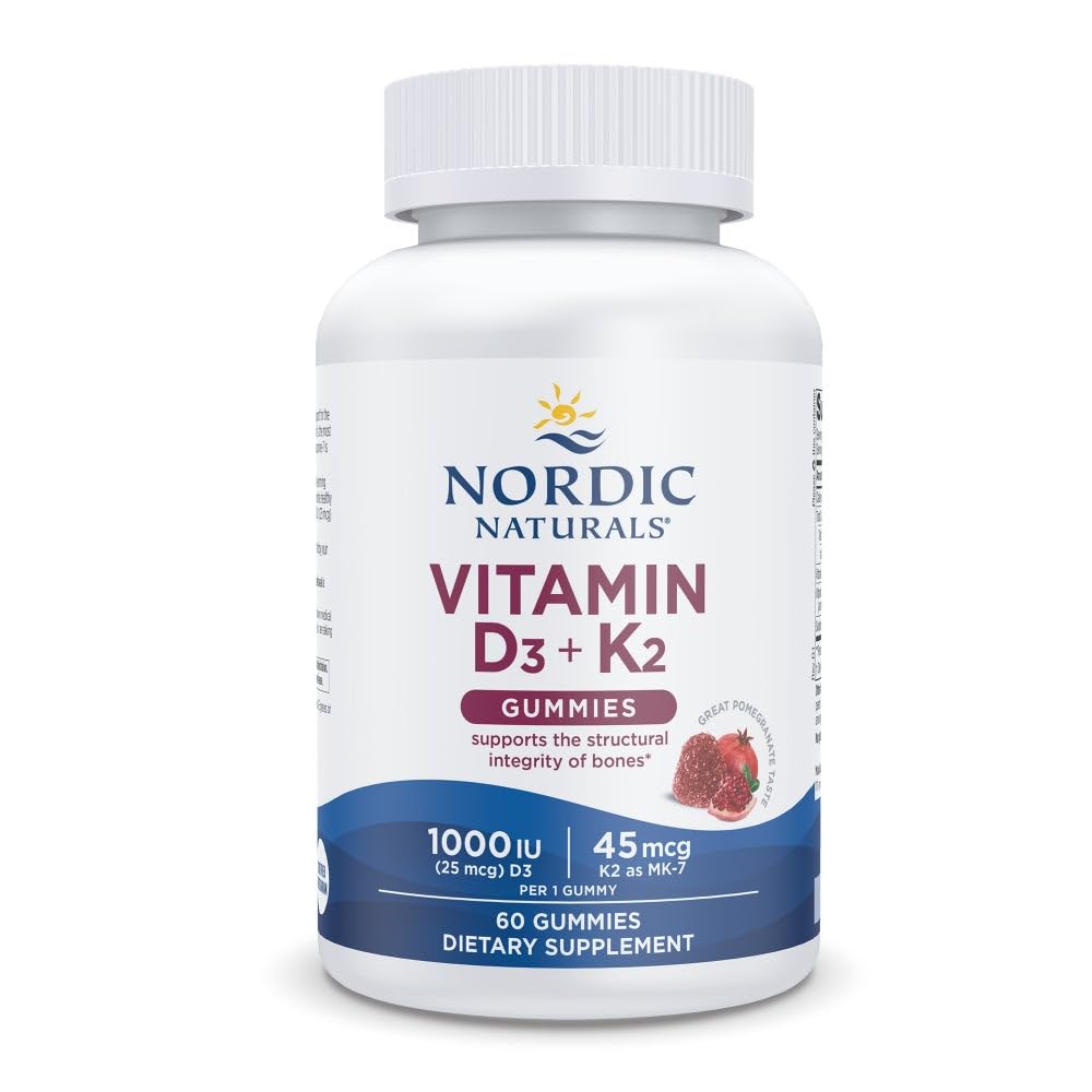 Nordic Naturals Vitamin D3 + K2 Gummies, Pomegranate - 60 Gummies - 1000 IU Vitamin D3 + 45 mcg K2 - Great Taste - Bone Health, Promotes Healthy Muscle Function - Non-GMO - 60 Servings - dailyvitalstore