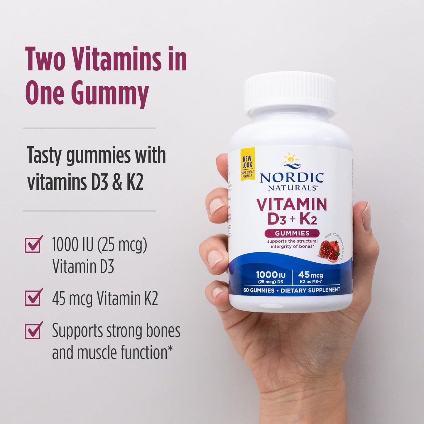 Nordic Naturals Vitamin D3 + K2 Gummies, Pomegranate - 60 Gummies - 1000 IU Vitamin D3 + 45 mcg K2 - Great Taste - Bone Health, Promotes Healthy Muscle Function - Non-GMO - 60 Servings - dailyvitalstore