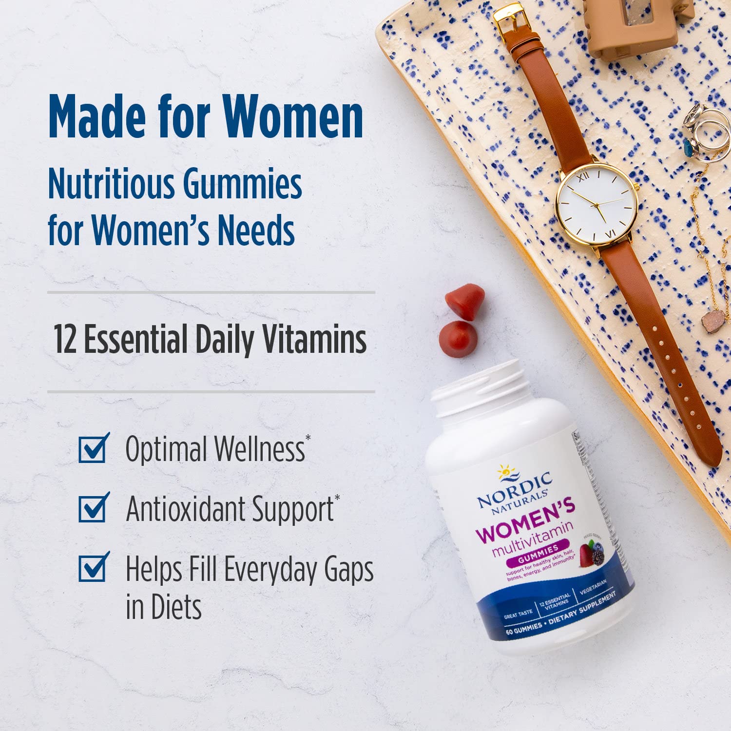 Nordic Naturals Women's Multivitamin Gummies, Mixed Berry - 60 Gummies - Support for Healthy Skin, Hair, Bones, Energy & Immunity - Non-GMO, Vegetarian - 30 Servings - dailyvitalstore