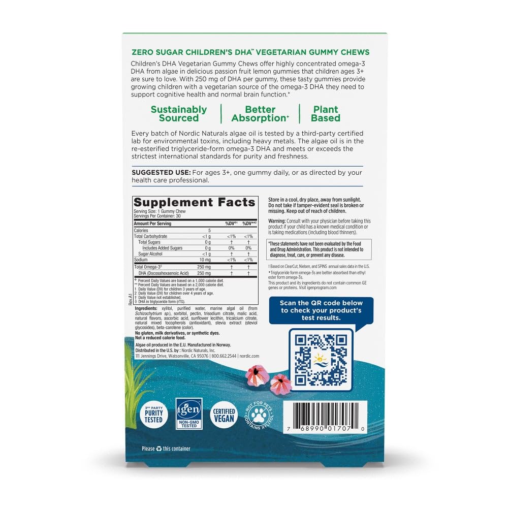 Nordic Naturals Zero Sugar Children’s DHA Vegetarian Gummy Chews - Passion Fruit Lemon Flavor - 30 Gummies - Vegan Algae Oil Omega-3 Supplement for Kids Brain & Cognition Support - 30 Servings - dailyvitalstore