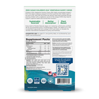 Nordic Naturals Zero Sugar Children’s DHA Vegetarian Gummy Chews - Passion Fruit Lemon Flavor - 30 Gummies - Vegan Algae Oil Omega-3 Supplement for Kids Brain & Cognition Support - 30 Servings - dailyvitalstore