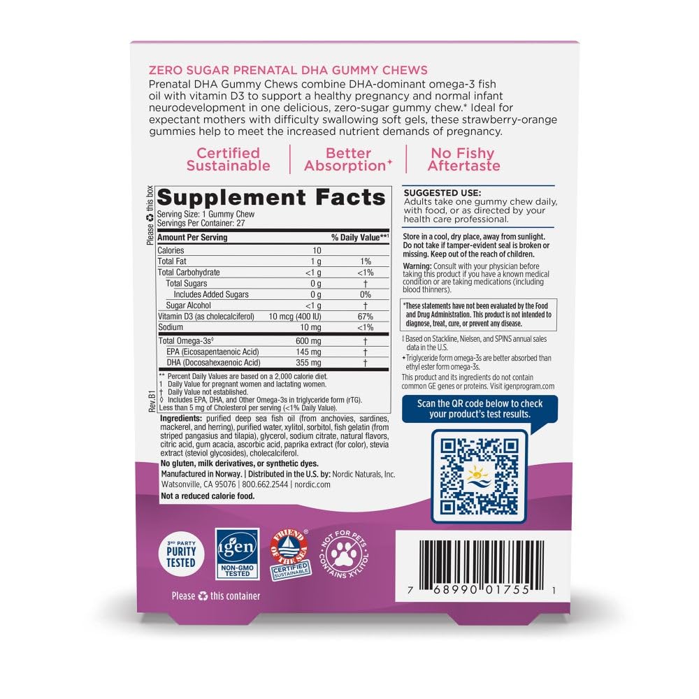 Nordic Naturals Zero Sugar DHA Prenatal Vitamin Gummies, Strawberry Orange Flavor - 27 Gummies - Supplements for Pregnancy - 600 mg Omega-3 Fish Oil and 400 IU Vitamin D3-27 Servings - dailyvitalstore