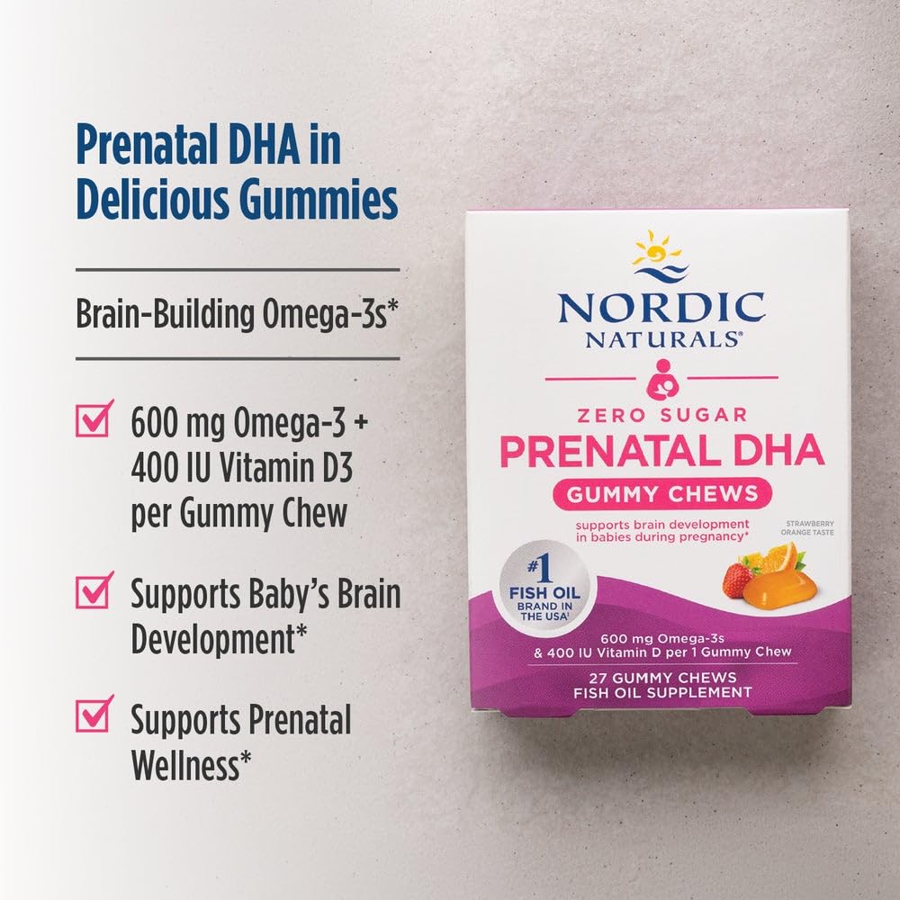Nordic Naturals Zero Sugar DHA Prenatal Vitamin Gummies, Strawberry Orange Flavor - 27 Gummies - Supplements for Pregnancy - 600 mg Omega-3 Fish Oil and 400 IU Vitamin D3-27 Servings - dailyvitalstore