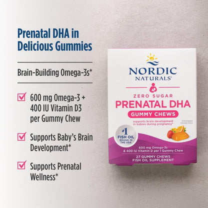 Nordic Naturals Zero Sugar DHA Prenatal Vitamin Gummies, Strawberry Orange Flavor - 27 Gummies - Supplements for Pregnancy - 600 mg Omega-3 Fish Oil and 400 IU Vitamin D3-27 Servings - dailyvitalstore