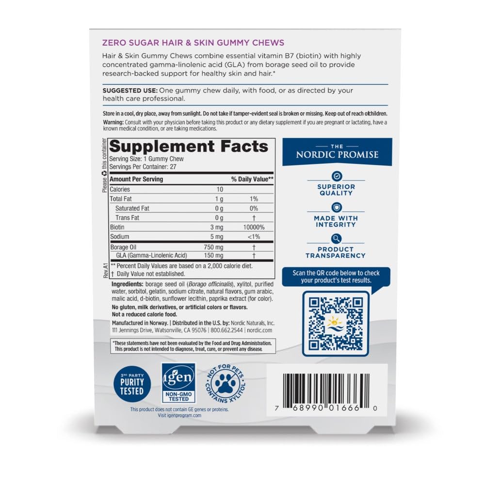 Nordic Naturals Zero Sugar Hair & Skin Gummy Chews, Strawberry Lemonade - 27 Gummy Chews - Biotin + GLA from Borage Oil - Promotes Healthy Balance of Fats in Skin - Non-GMO - 27 Servings - dailyvitalstore