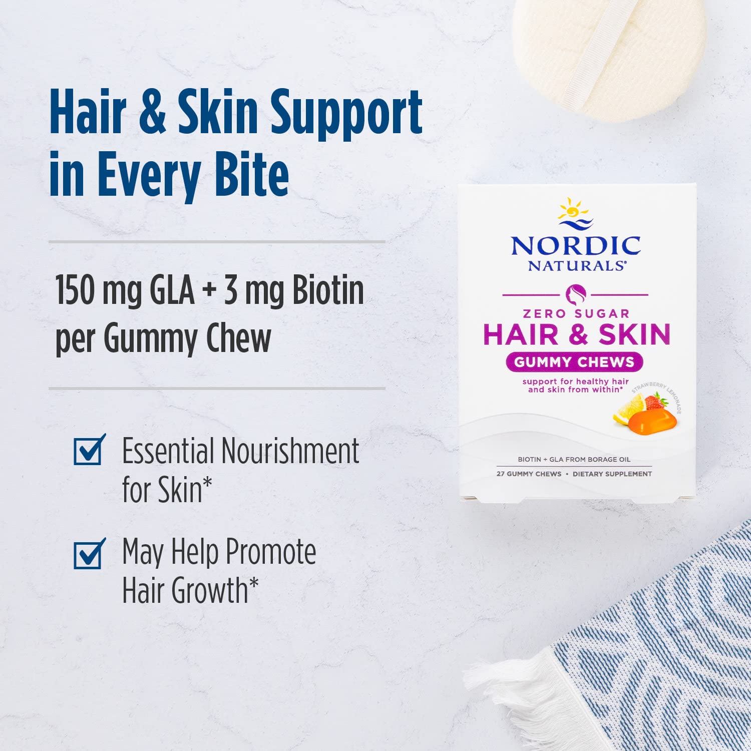 Nordic Naturals Zero Sugar Hair & Skin Gummy Chews, Strawberry Lemonade - 27 Gummy Chews - Biotin + GLA from Borage Oil - Promotes Healthy Balance of Fats in Skin - Non-GMO - 27 Servings - dailyvitalstore
