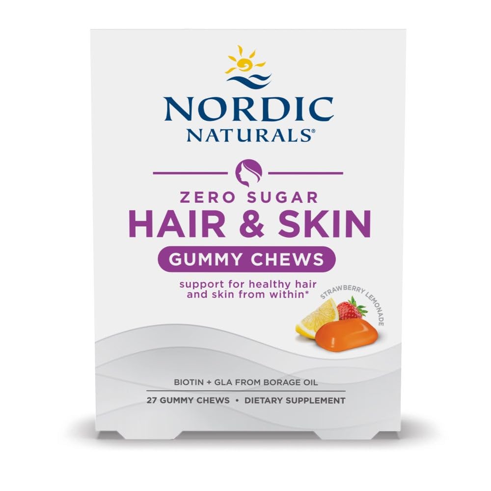 Nordic Naturals Zero Sugar Hair & Skin Gummy Chews, Strawberry Lemonade - 27 Gummy Chews - Biotin + GLA from Borage Oil - Promotes Healthy Balance of Fats in Skin - Non-GMO - 27 Servings - dailyvitalstore