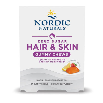 Nordic Naturals Zero Sugar Hair & Skin Gummy Chews, Strawberry Lemonade - 27 Gummy Chews - Biotin + GLA from Borage Oil - Promotes Healthy Balance of Fats in Skin - Non-GMO - 27 Servings - dailyvitalstore