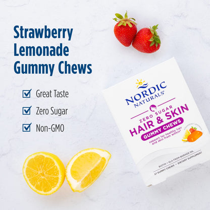 Nordic Naturals Zero Sugar Hair & Skin Gummy Chews, Strawberry Lemonade - 27 Gummy Chews - Biotin + GLA from Borage Oil - Promotes Healthy Balance of Fats in Skin - Non-GMO - 27 Servings - dailyvitalstore