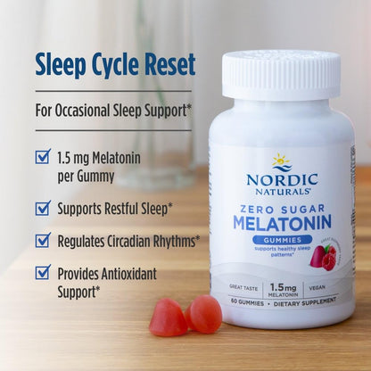 Nordic Naturals Zero Sugar Melatonin Gummies, Raspberry - 120 Gummies - 1.5 mg Melatonin - Great Taste - Restful Sleep, Antioxidant Support - Non-GMO, Vegan - 120 Servings - dailyvitalstore