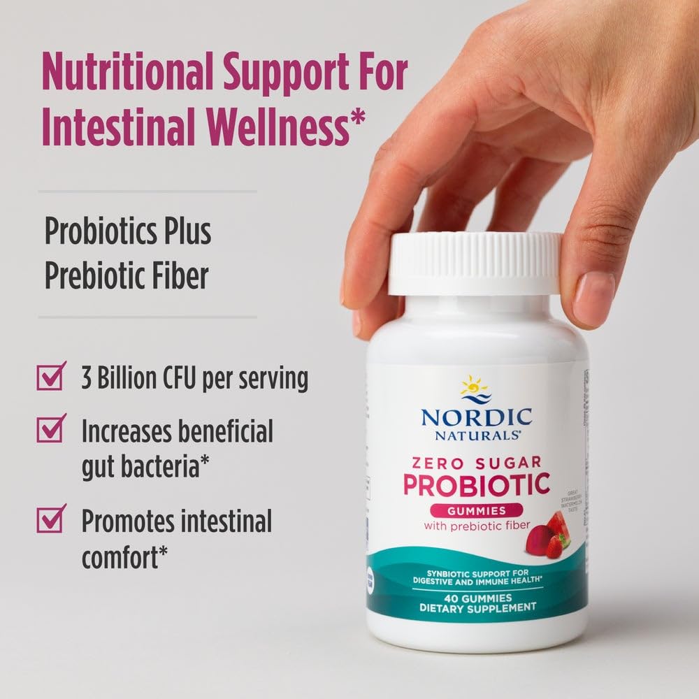 Nordic Naturals Zero Sugar Probiotic Gummies - Strawberry Watermelon Flavor - 40 Gummies - Supports Digestive Wellness & Immune Health - Non-GMO - Third Party Tested - Vegan - 20 Servings - dailyvitalstore