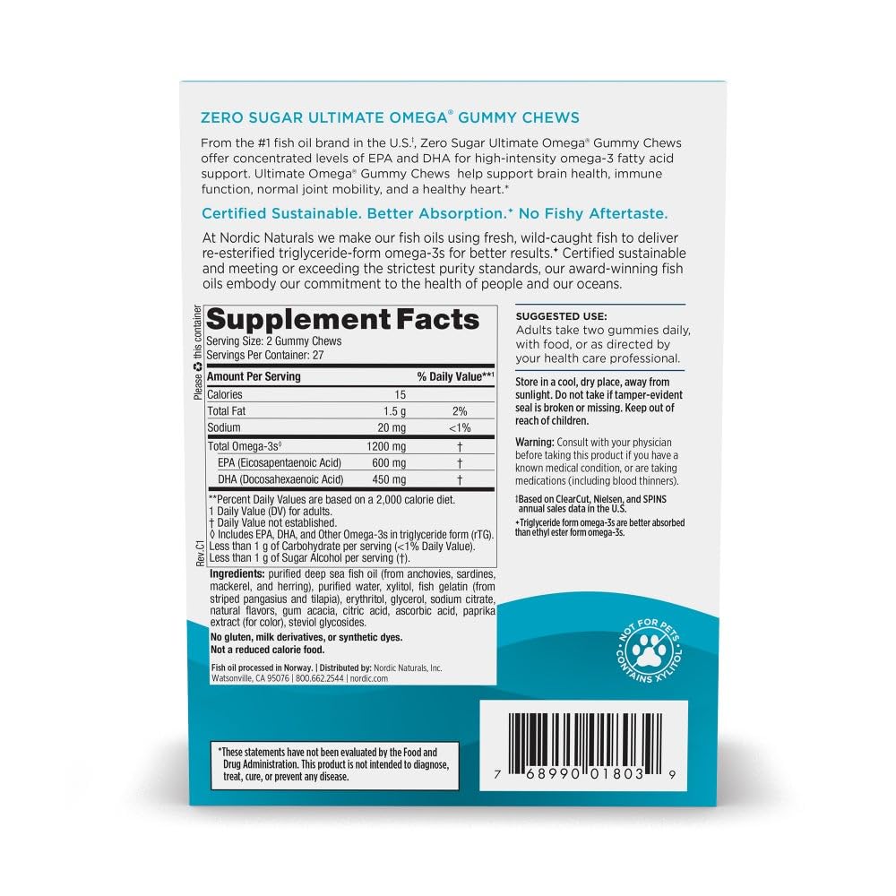 Nordic Naturals Zero Sugar Ultimate Omega Gummy Chews - Tropical Fruit - 54 Gummy Chews - Non GMO - Optimal Wellness - 27 Servings - dailyvitalstore