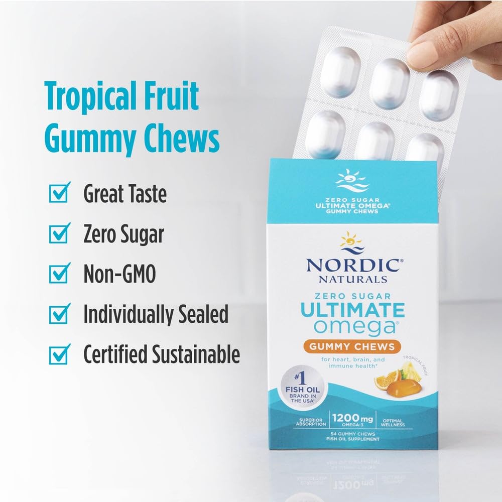 Nordic Naturals Zero Sugar Ultimate Omega Gummy Chews - Tropical Fruit - 54 Gummy Chews - Non GMO - Optimal Wellness - 27 Servings - dailyvitalstore
