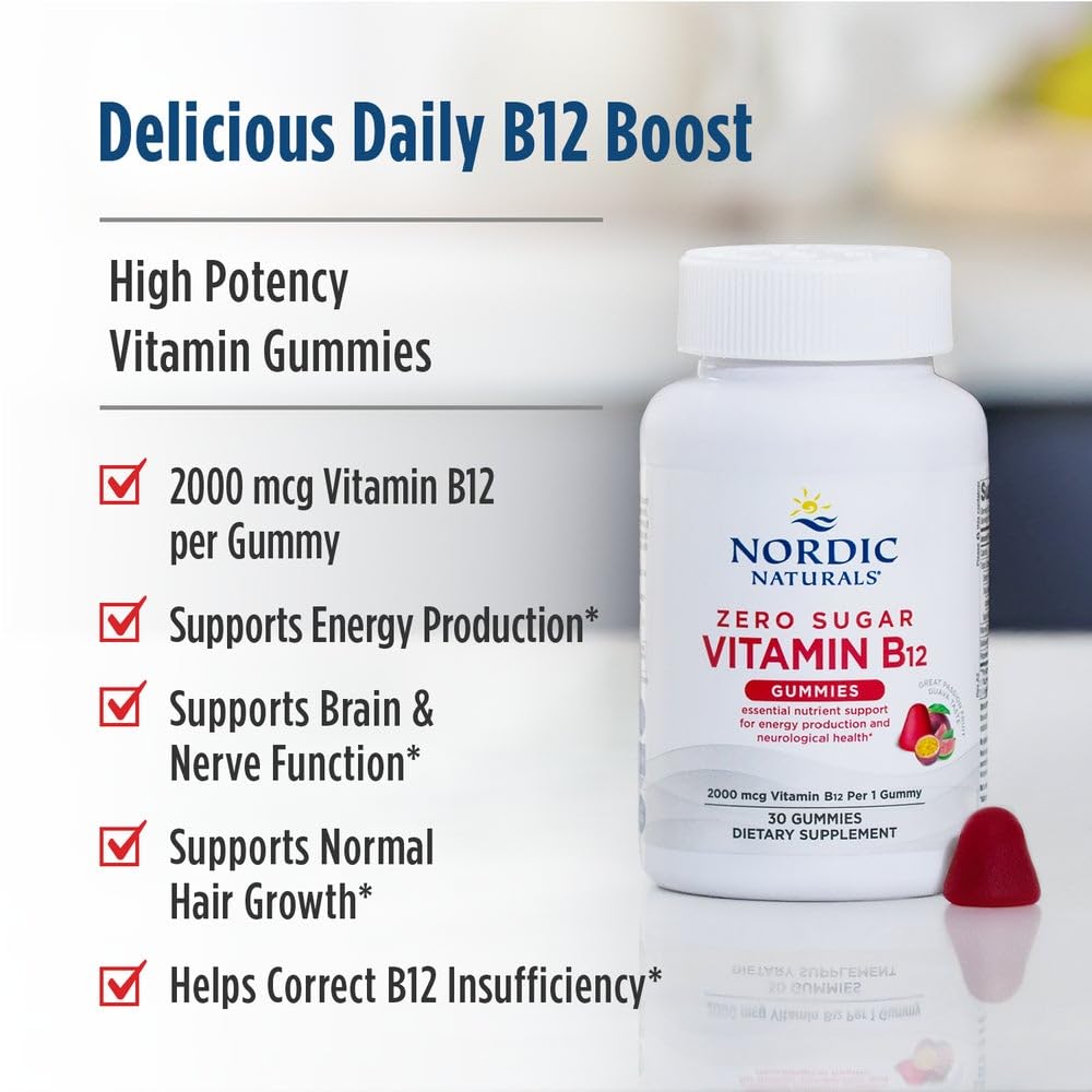 Nordic Naturals Zero Sugar Vitamin B12 Gummies - 2000 mcg Vitamin B12 per Gummy, Passion Fruit Guava Flavor - 30 Gummies, Essential Nutrient Support for Energy Production and Brain Health, 30 Servings - dailyvitalstore