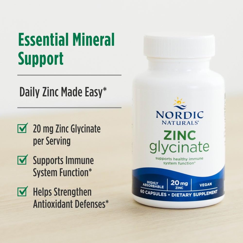Nordic Naturals Zinc Glycinate - 60 Capsules - 20 mg Highly Absorbable Zinc Glycinate - Optimal Wellness - Non-GMO, Gluten Free, Vegan - 60 Servings - dailyvitalstore
