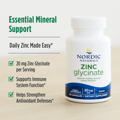 Nordic Naturals Zinc Glycinate - 60 Capsules - 20 mg Highly Absorbable Zinc Glycinate - Optimal Wellness - Non-GMO, Gluten Free, Vegan - 60 Servings - dailyvitalstore