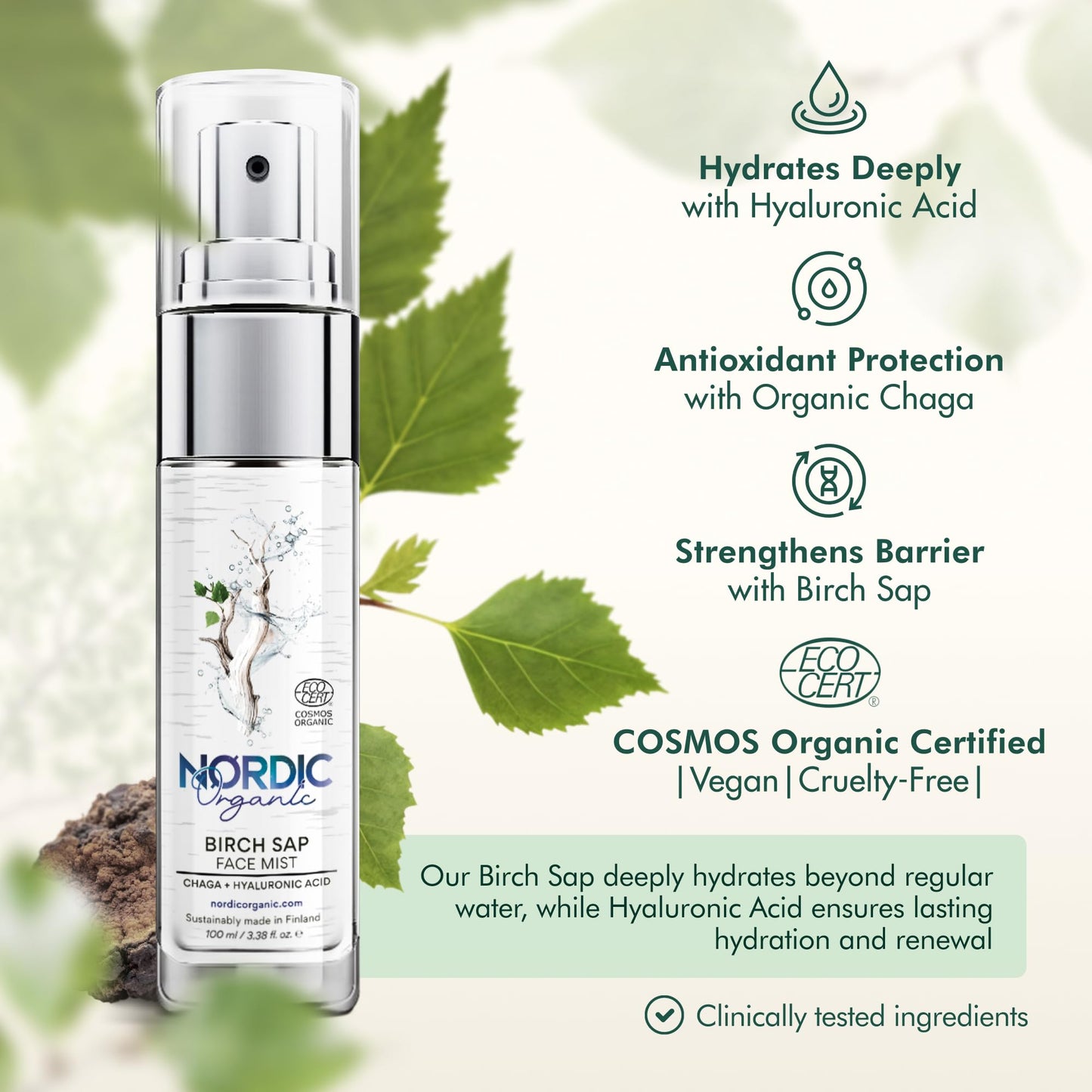 Nordic Organic Birch Sap Face Mist – COSMOS Certified Organic Formula with Hyaluronic Acid & Chaga Mushroom, Fragrance Free, Made in Finland 3.38 oz (100 ml), 1 Bottle - dailyvitalstore