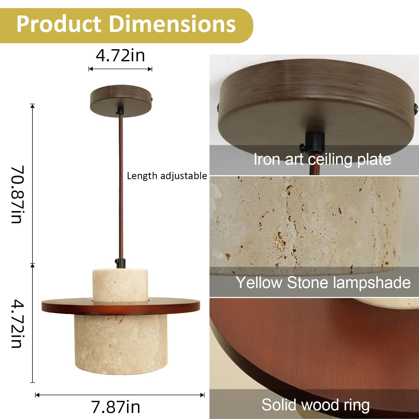 Nordic Pendant Light Natural Yellow Travertine Lamp Simple Wabi Sabi Lamp Suitable for Restaurant Bedside Kitchen Island Cafe Wood Pendant Light (Walnut Color) - dailyvitalstore