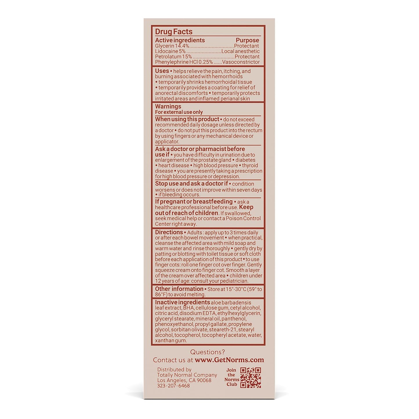 Norms Hemorrhoid Treatment Cream, Max Strength 5% Lidocaine, Rapid Relief for Hemorrhoidal Pain, Swelling, Itching, with Phenylephrine HCL, Aloe & Glycerin – Big Squeeze 2oz Tube - dailyvitalstore