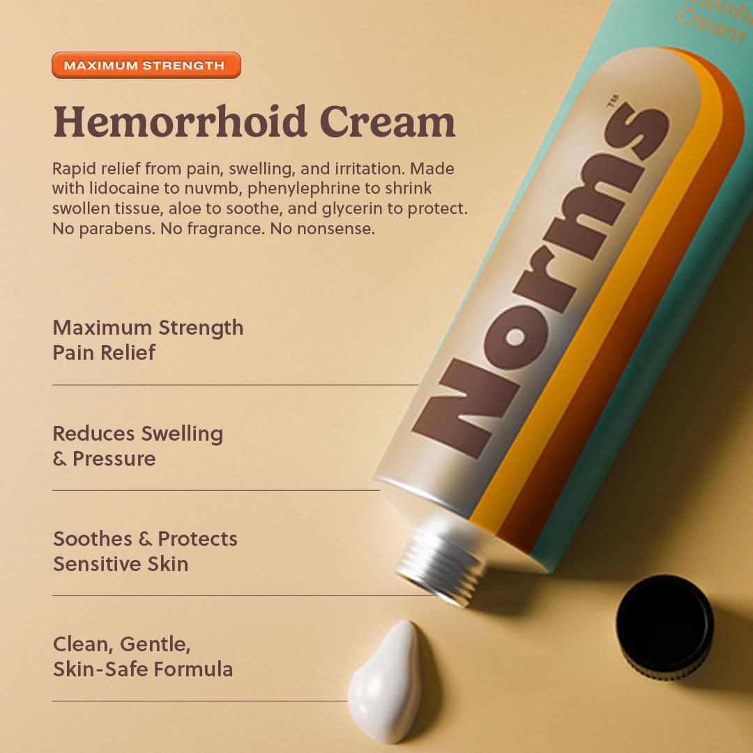 Norms Hemorrhoid Treatment Cream, Max Strength 5% Lidocaine, Rapid Relief for Hemorrhoidal Pain, Swelling, Itching, with Phenylephrine HCL, Aloe & Glycerin – Big Squeeze 2oz Tube - dailyvitalstore