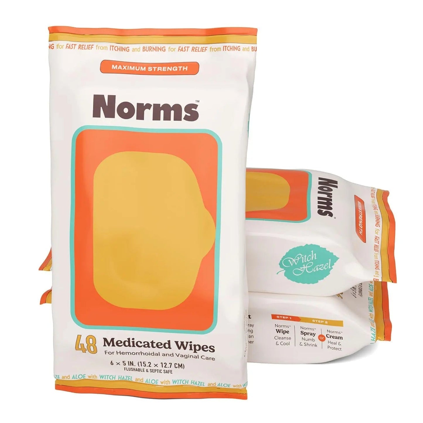 Norms Medicated Hemorrhoid Wipes with Witch Hazel and Aloe, Soothing Flushable Wipes for Itching, Burning & Swelling Relief, Hypoallergenic & Fragrance Free - 48ct (Pack of 3) - dailyvitalstore