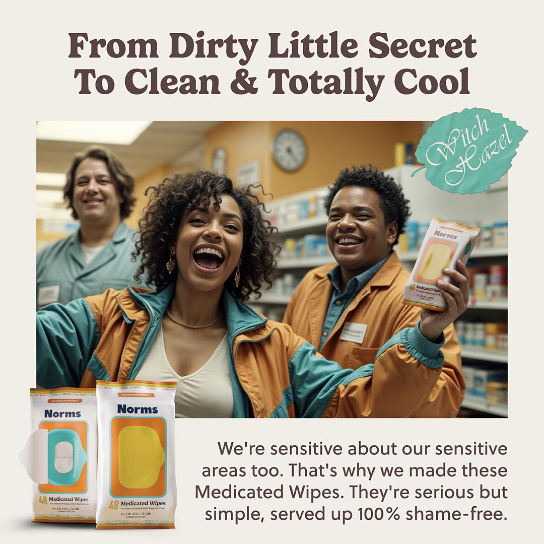 Norms Medicated Hemorrhoid Wipes with Witch Hazel and Aloe, Soothing Flushable Wipes for Itching, Burning & Swelling Relief, Hypoallergenic & Fragrance Free - 48ct (Pack of 1) - dailyvitalstore