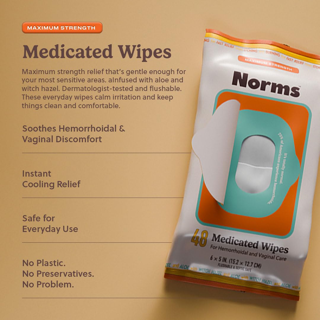 Norms Medicated Hemorrhoid Wipes with Witch Hazel and Aloe, Soothing Flushable Wipes for Itching, Burning & Swelling Relief, Hypoallergenic & Fragrance Free - 48ct (Pack of 1) - dailyvitalstore