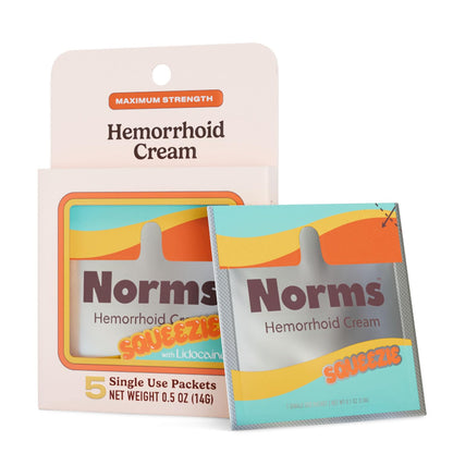 Norms Squeezies Lidocaine Hemorrhoid Cream, Discreet Single Use Travel Packets, 5% Lidocaine, Phenylephrine, Aloe and Glycerin – Numbing, Soothing & Swelling Relief On the Go, 5 Count - dailyvitalstore