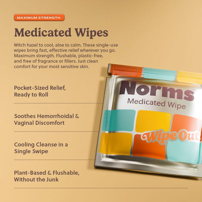 Norms Wipe Outs Hemorrhoid Wipes, 24 Individually Wrapped Witch Hazel Wipes with Aloe to Soothe and Cool Itching, Burning and Irritation, Flushable Septic Safe, Plant Based & Plastic-Free - dailyvitalstore