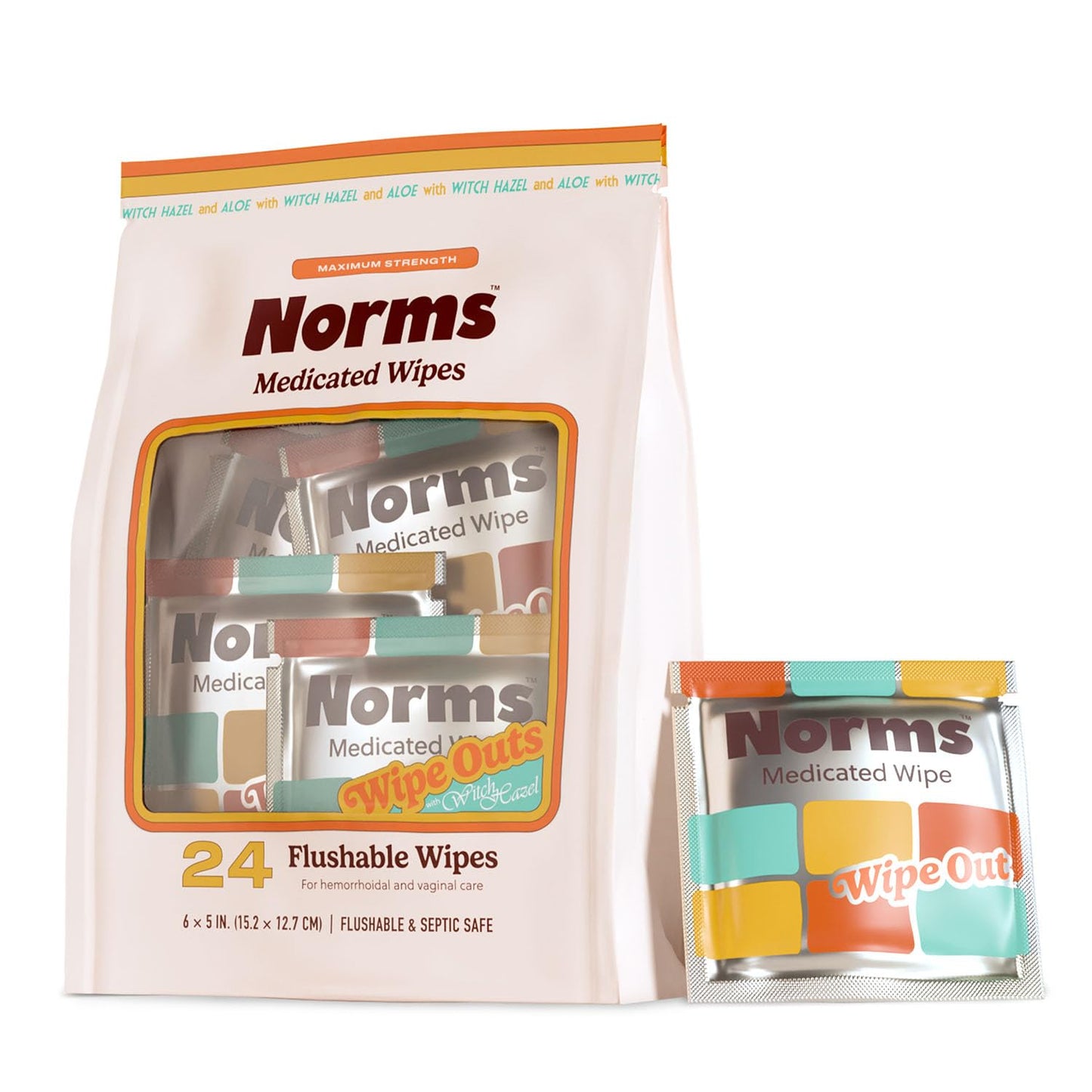 Norms Wipe Outs Hemorrhoid Wipes, 24 Individually Wrapped Witch Hazel Wipes with Aloe to Soothe and Cool Itching, Burning and Irritation, Flushable Septic Safe, Plant Based & Plastic-Free - dailyvitalstore