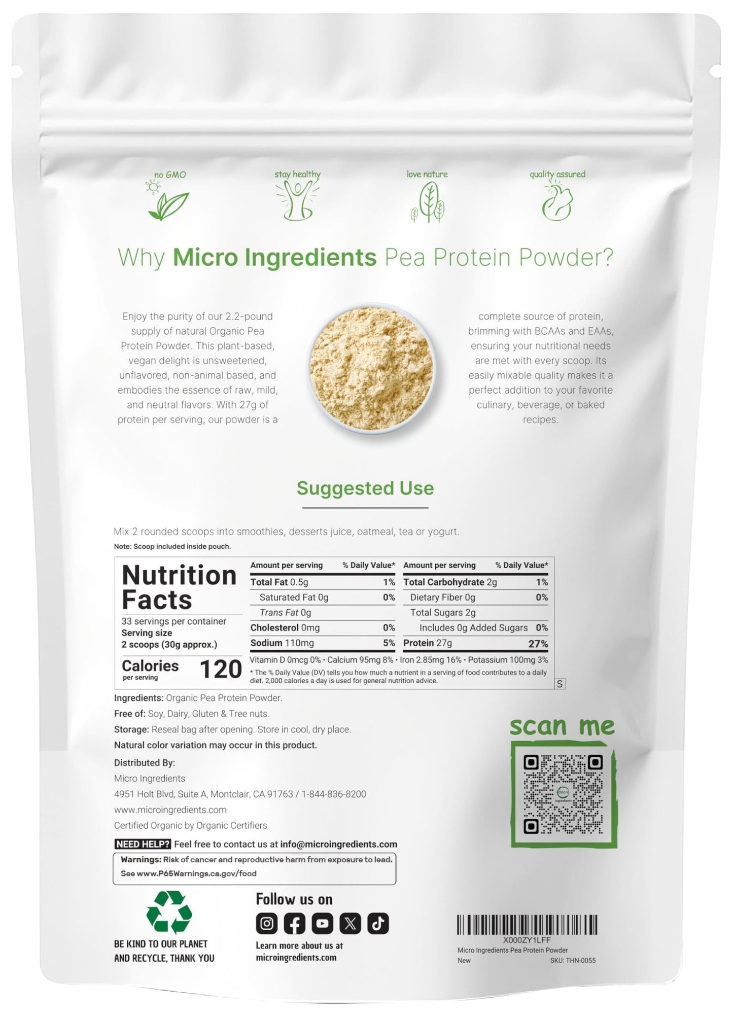 North America Grown, Organic Pea Protein Powder, 1KG (2.2 Pounds) | Plant-Based Vegan Protein, Meatless Protein Supplement, Natural Branched Chain Amino Acids | Non-GMO, Soy Free - dailyvitalstore
