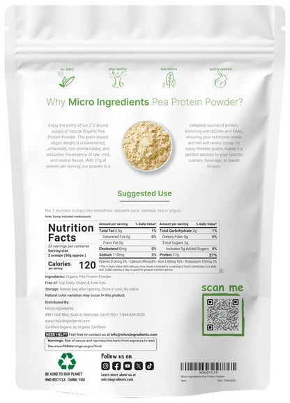 North America Grown, Organic Pea Protein Powder, 1KG (2.2 Pounds) | Plant-Based Vegan Protein, Meatless Protein Supplement, Natural Branched Chain Amino Acids | Non-GMO, Soy Free - dailyvitalstore