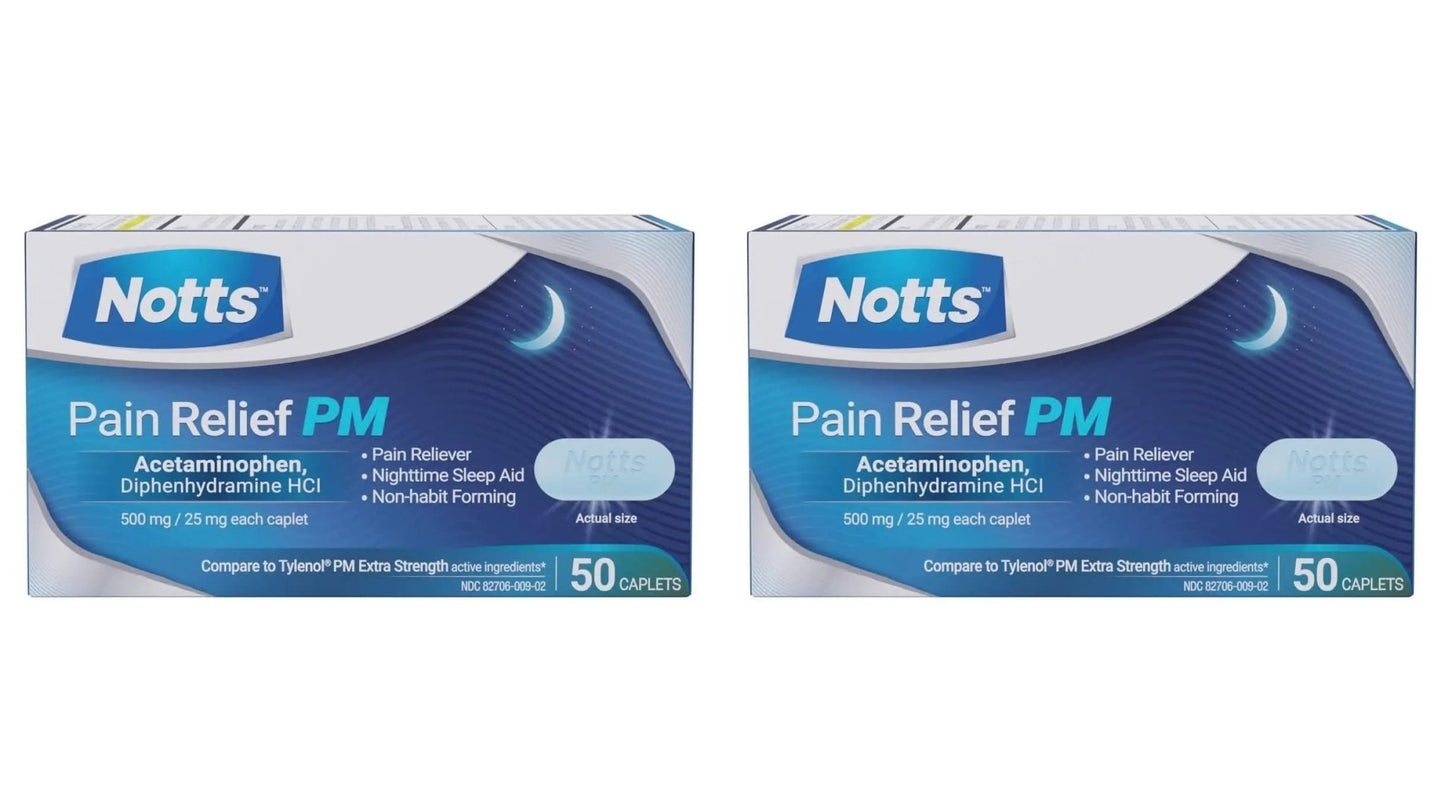 NOTTS PM Extra Strength Pain Relief & Sleep Aid, 500mg Acetaminophen & 25mg Diphenhydramine HCl, 50 Caplets for Nighttime Aches, Headaches & Body Pain, Non-Habit Forming (Pack of 2) - dailyvitalstore