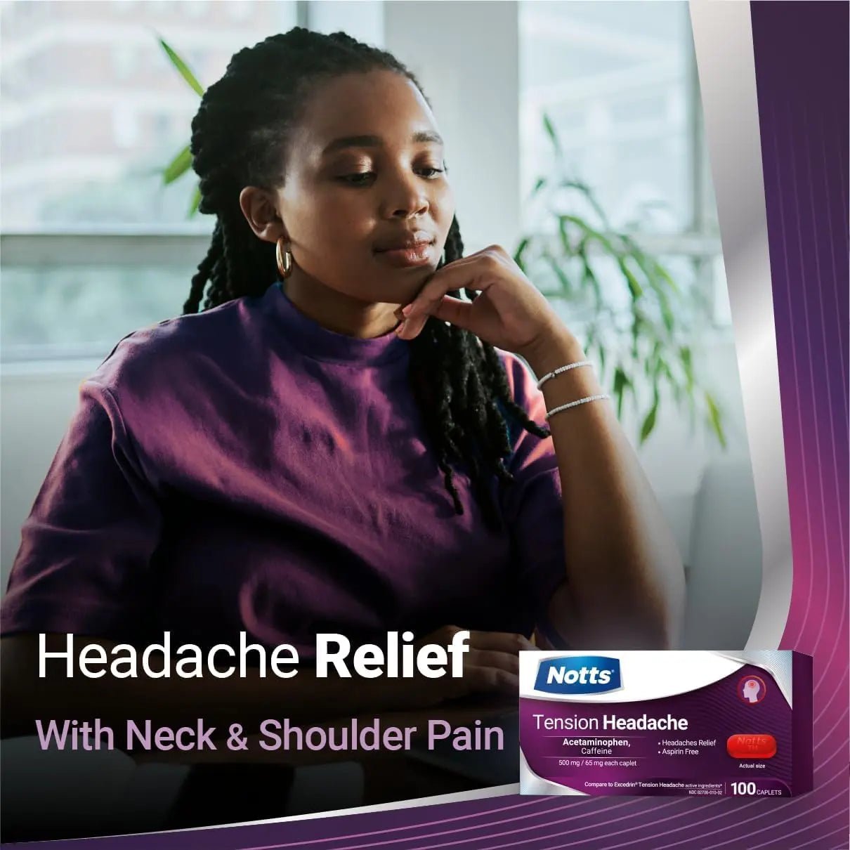 NOTTS Tension Headache Relief Without Aspirin for Head, Neck & Shoulder Pain - 100 Count, Acetaminophen 500 mg Caffeine 65 mg Caplets, for Aches Caused by Tension and Stress. Headache Relief caplets - dailyvitalstore
